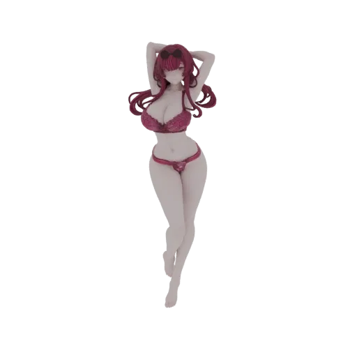Modello 3D figura femminile stile anime in lingerie pizzo rossa, braccia alzate, lunghi capelli rossi fluenti.