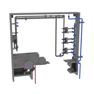 3D model of an industrial pumping station with detailed piping, valves, and tanks.