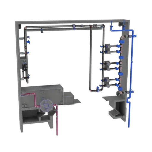 3D model of an industrial pumping station with detailed piping, valves, and tanks.