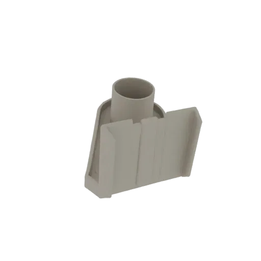 3D model of a modern, light-colored drain pipe connector with a cylindrical inlet and rectangular outlet.