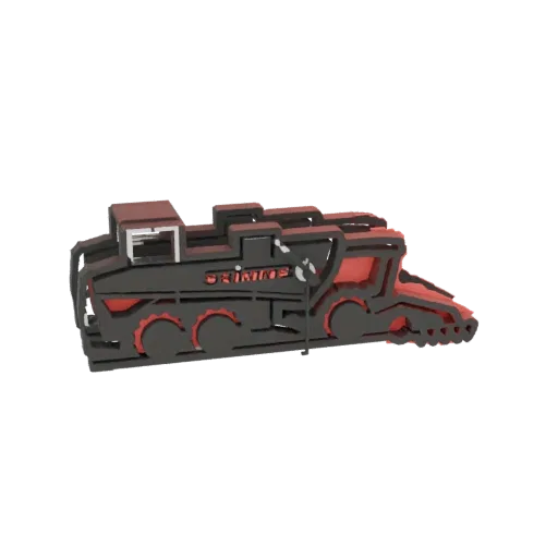 3D-Modell von Grimm's Industriepflug, schwarz-rotes Fahrzeug mit großem Pflug, Seitenansicht.