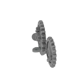 3D model of two connected gray gears with different tooth counts, demonstrating mechanical engagement.