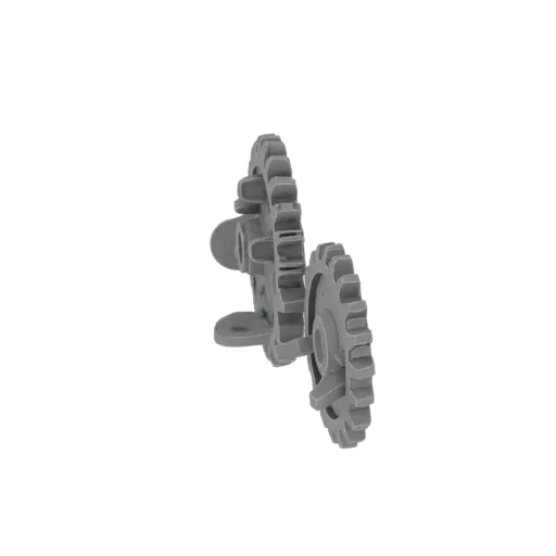 3D model of two connected gray gears with different tooth counts, demonstrating mechanical engagement.