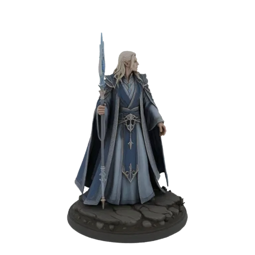 3D model of an Elven King in a blue robe holding a staff, standing on a rocky base.