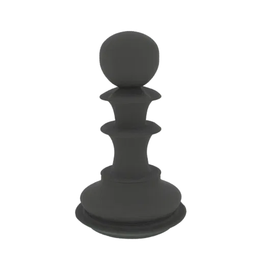 A 3D model of a classic chess pawn, rendered in a neutral gray, against a black background.