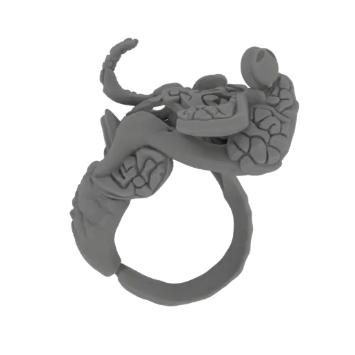 3D model of a biomechanical alien-inspired ring with intricate, organic and mechanical textures.