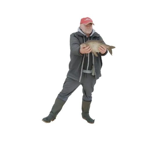 Modèle 3D d'un pêcheur en cuissardes et casquette rouge, souriant et tenant un gros poisson qu'il vient de pêcher.