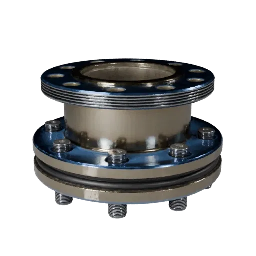 Modular Pipe Flange 3D model, side profile view, technical viewport render, showing machined metal, form detail.