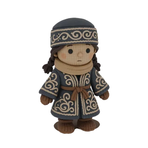 3D model of a charming doll wearing a traditional dark blue winter coat with intricate patterns, a beige scarf, and mittens.