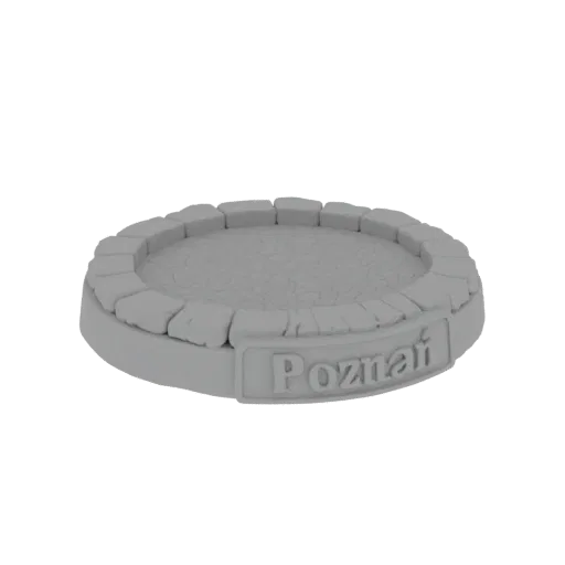 3D render of a round plaza base with cobblestone texture and 'Poznan' inscription, designed for miniatures and dioramas.
