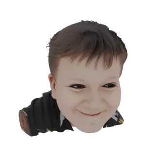Render 3D de um modelo gerado por IA da cabeça e ombros de um menino jovem, sorrindo.