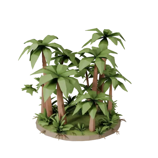 Palm Island Vegetation Low Poly 3D model, game viewport three-quarter view, showing leaf clusters, terrain detail.