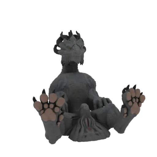 3D model of a gray dragon sitting with its front paws raised in a playful or defensive stance, against a black background.