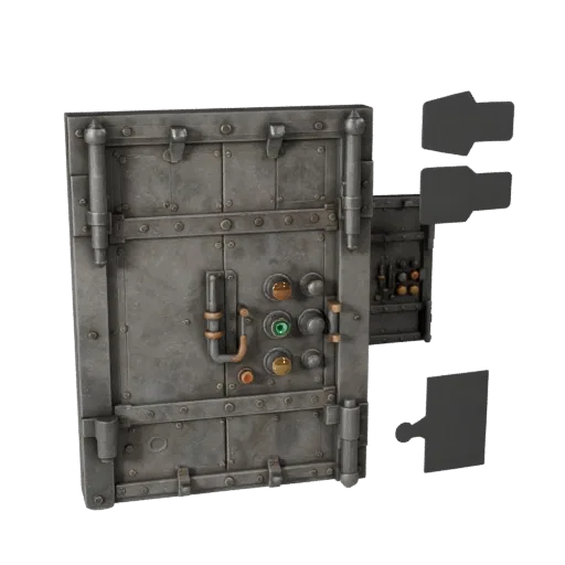Dungeon Locked Door Panel Realistic 3D model, three-quarter studio render, showing metal hinges, form detail.