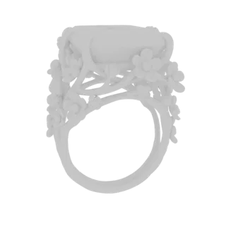 Modelo 3D de anillo blanco con gema de talla esmeralda, con banda esculpida como ramas con flores pequeñas.