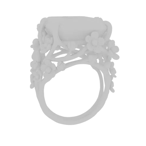 3D model of a white ring with an emerald-cut gemstone, featuring a band sculpted as branches with small flowers.