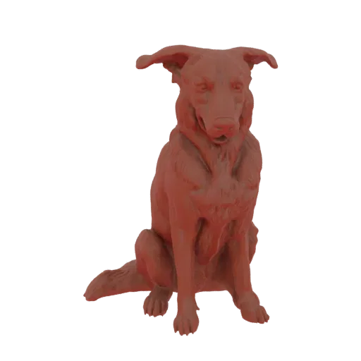 Rendering del modello 3D di un cane marrone rossiccio seduto attentamente su uno sfondo bianco.