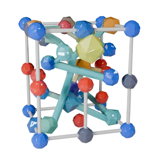 Organic Crystal Lattice Low Poly 3D model, game viewport three-quarter view, showing colored spheres, molecule layout.