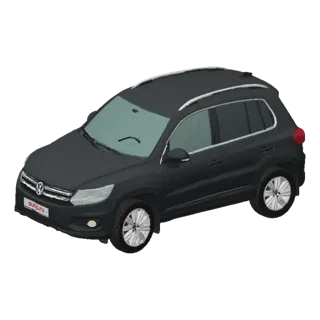 A 3D render of a dark gray Volkswagen Tiguan SUV parked on a textured gray surface, viewed from a slightly elevated front ang