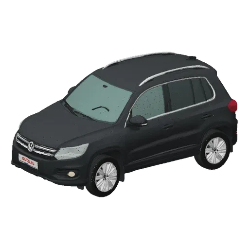 A 3D render of a dark gray Volkswagen Tiguan SUV parked on a textured gray surface, viewed from a slightly elevated front ang