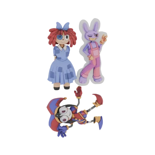 3D model of a claymation-style jester character in a playful, tumbling pose, with vibrant colors and exaggerated features.