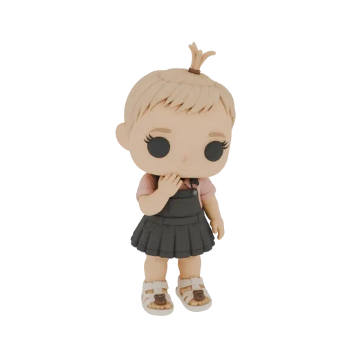 3D model of a cute toddler girl with blonde hair in a ponytail, wearing a pink shirt and dark overalls, with a thoughtful exp