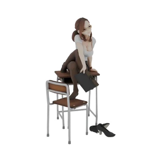 3D model of an anime teacher figure with glasses, sitting on a school desk, holding a briefcase, with shoes on the floor.