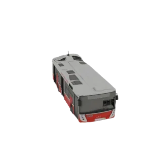 Un modèle 3D d'un bus urbain articulé moderne, vu de haut, montrant son extérieur blanc et rouge et son articulation flexible