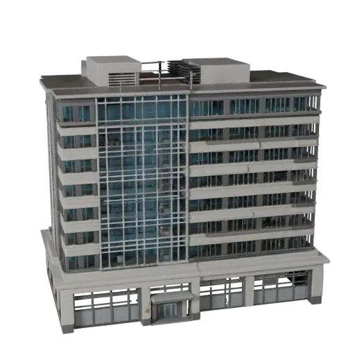 Edificio de oficinas de baja altura, modelo 3D poligonal bajo, vista exterior lista para juegos, que muestra materiales de ed
