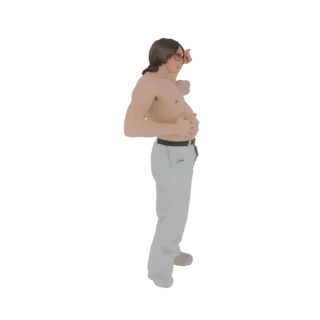 Modello 3D di un uomo con occhiali, che indossa una camicia infilata e pantaloni chiari, che guarda di lato.