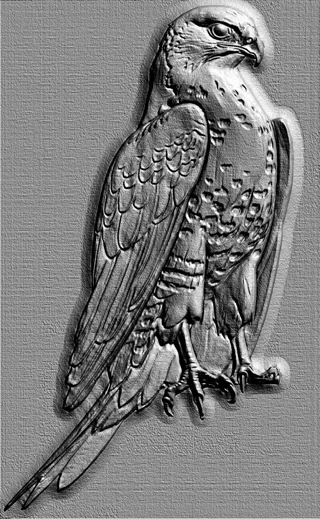 3D model of a falcon bas-relief in flight, detailed image of a bird of prey with feathers and talons