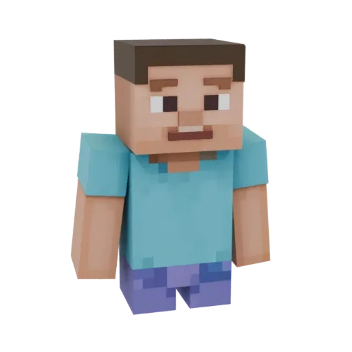 3D model of Steve from the game Minecraft, standing on a black background, wearing a blue shirt and blue pants.
