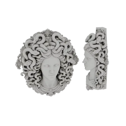 3D model of a Medusa bust with snake hair, presented as a wall mount, shown from front and side views.