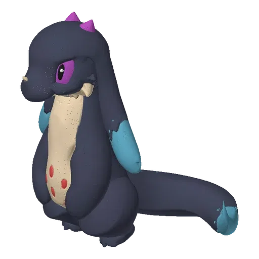 3D render of a dark blue dragon-like creature with large floppy ears, purple eyes, a pink bow on its head, and light blue acc