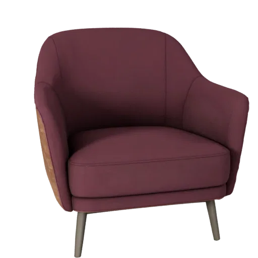 Fauteuil Velours Modèle 3D de visualisation de produit, intérieur de maison, rendu studio trois-quarts, détail bois.