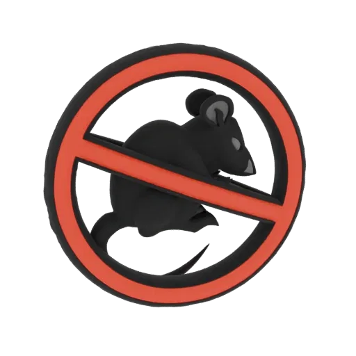 3D model of a 'No Rodents' symbol, showing a black rat silhouette inside a red prohibition circle with a diagonal line.