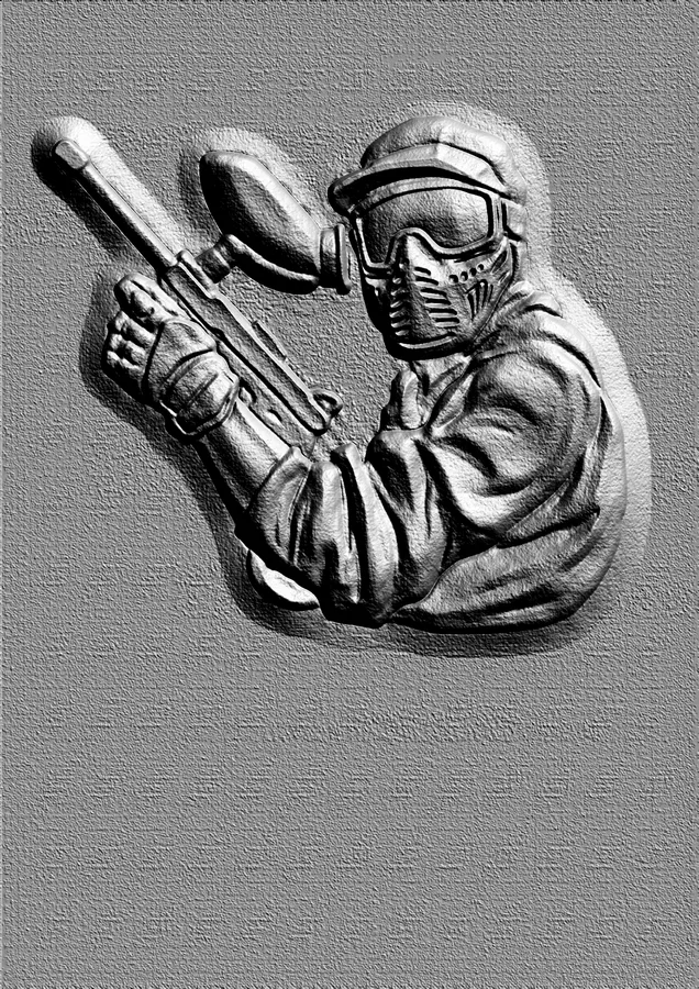 3D model of a paintball player bas-relief in protective mask and helmet, holding a marker.