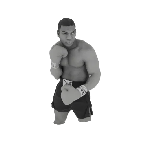 3D model of Mike Tyson in a boxing stance, wearing gloves and shorts, rendered in grayscale.