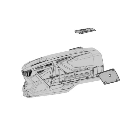 3D model render of a complex, futuristic sci-fi vehicle component with intricate mechanical details and a wireframe aesthetic