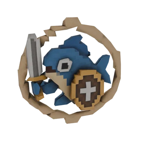 3D model of a blue pixelated fish character holding a sword and shield, framed by a circular band.