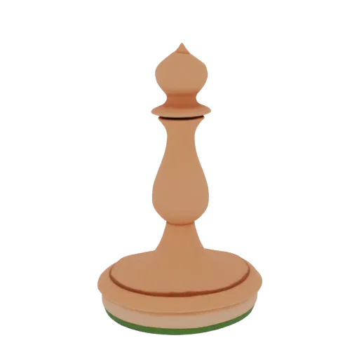 A 3D render of a classic chess bishop piece with a light wood-like texture, set against a black background.