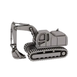 3D model of a gray excavator with tracks, boom, and bucket, set against a black background.