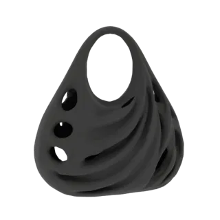 Modèle 3D d'un sac cabas noir sculptural avec une texture en maille et des découpes organiques, présenté sur fond blanc.