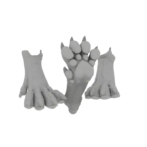 3D render of three distinct fantasy creature paws: two with sharp claws and scaly texture, one with soft pads and claws.