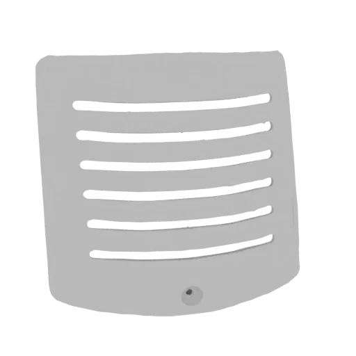 3D model of a light gray, modern slatted vent cover with horizontal slats and a subtle circular detail at the bottom.