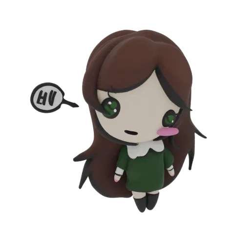 3D model of a cute chibi girl with brown hair, large green eyes, a pink blush, and a speech bubble saying 'Hi', wearing a gre
