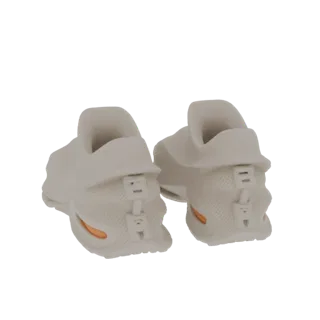 Rear view of a 3D model of off-white chunky slip-on sneakers with orange accents on the sole.