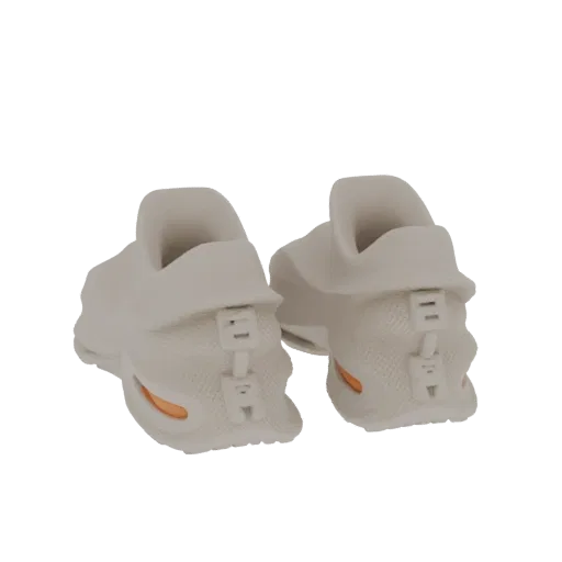 Rear view of a 3D model of off-white chunky slip-on sneakers with orange accents on the sole.