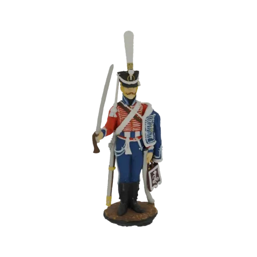 3D model of a 19th-century Hussar soldier in a red and blue uniform, holding a saber, against a black background.