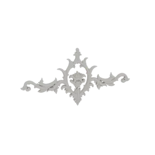 Un elemento architettonico ornamentale a volute bianco con foglie d'acanto simmetriche e un motivo decorativo centrale, prese